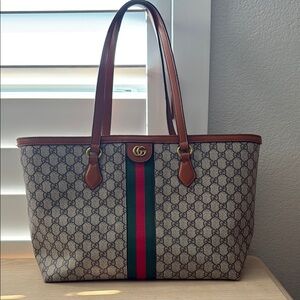 Gucci Brown GG Supreme Tote Bag with Leather Trim